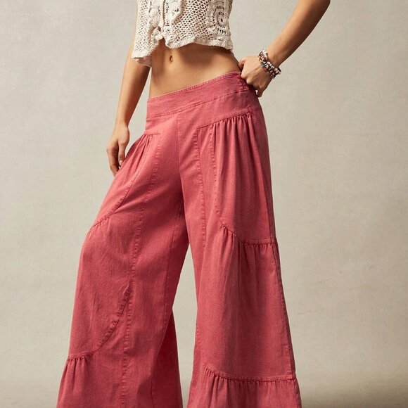 Red Boho Women's Wide Leg Low Waist Loose Pants - Picture 2 of 7
